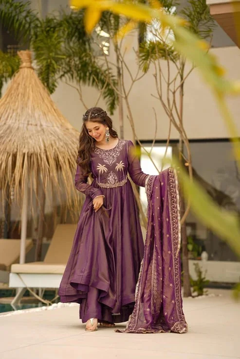 Women's Chanderi Silk Embroidered Kurta Set with Pant and Jacquard Dupatta in Purple