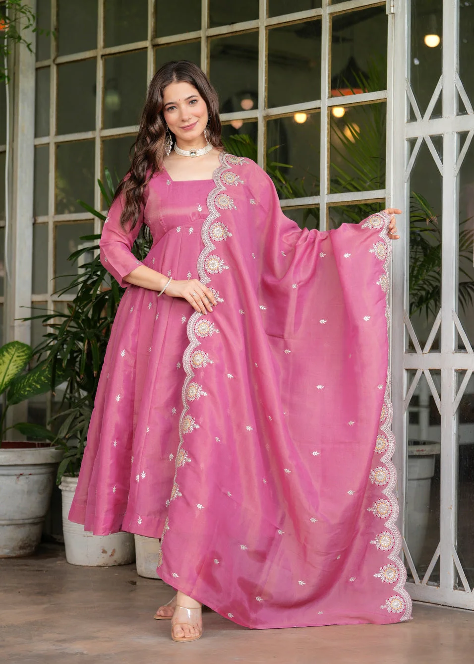 Women's Chanderi Silk Kurta Set with Embroidered Yoke and Dupatta in Pink