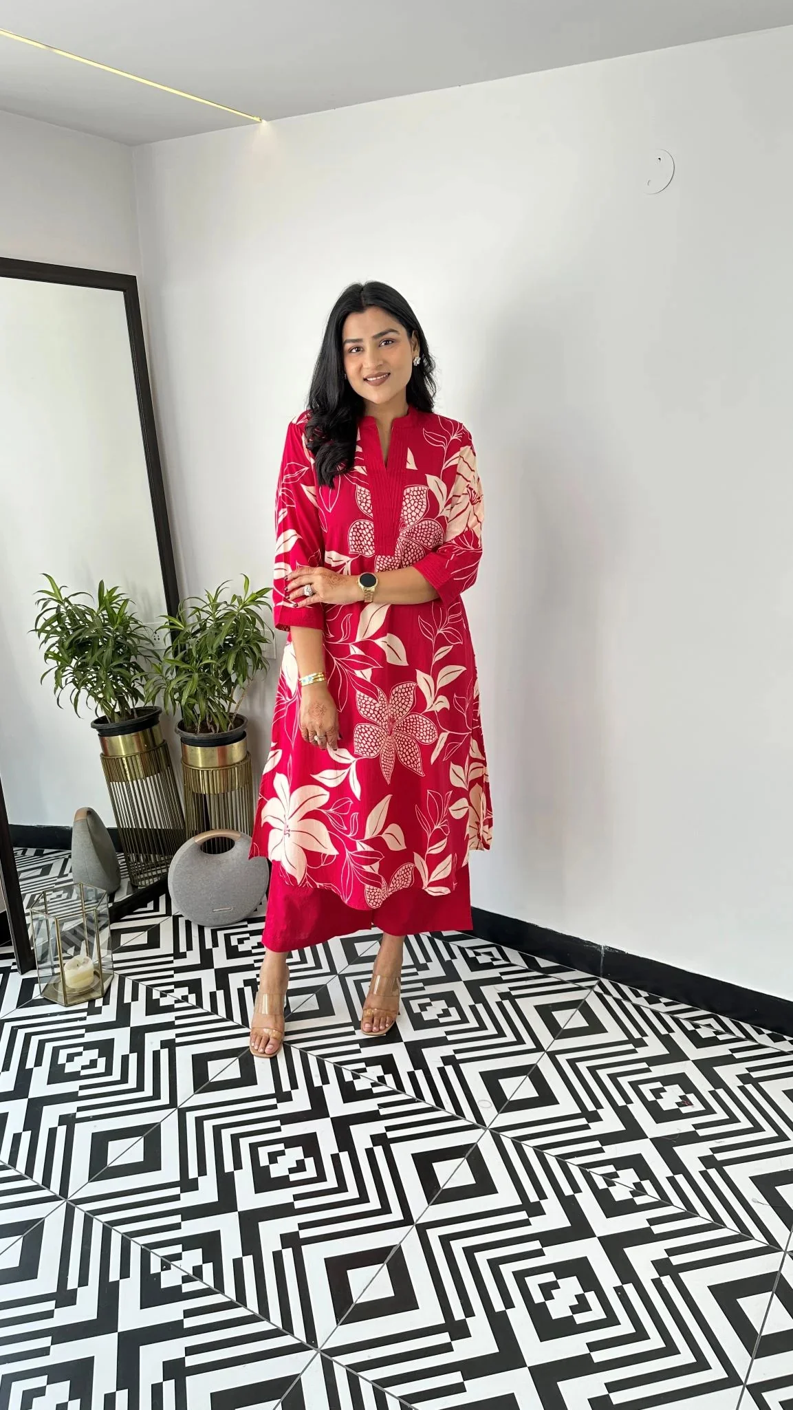 Women's Printed Maslin Kurta Set with Pant in Rani Pink