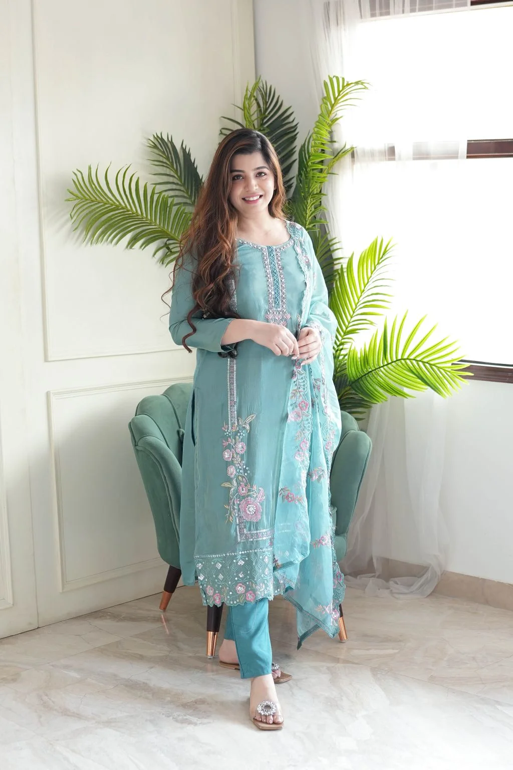 Women's Embroidered Chinon Kurta Set with Silk Bottom and Dupatta in Sky Blue