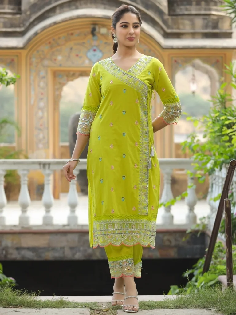 Women's Chanderi Cotton Kurta Set with Pant in Yellow