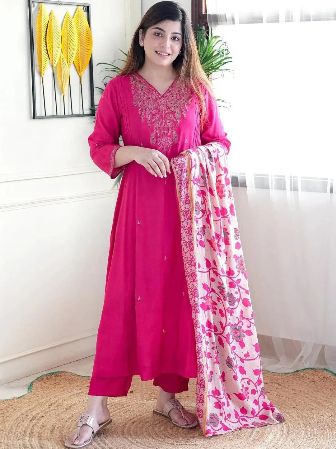 Women's Muslin Kurta Set with Plain Bottom and Floral Silk Dupatta in Rani Pink