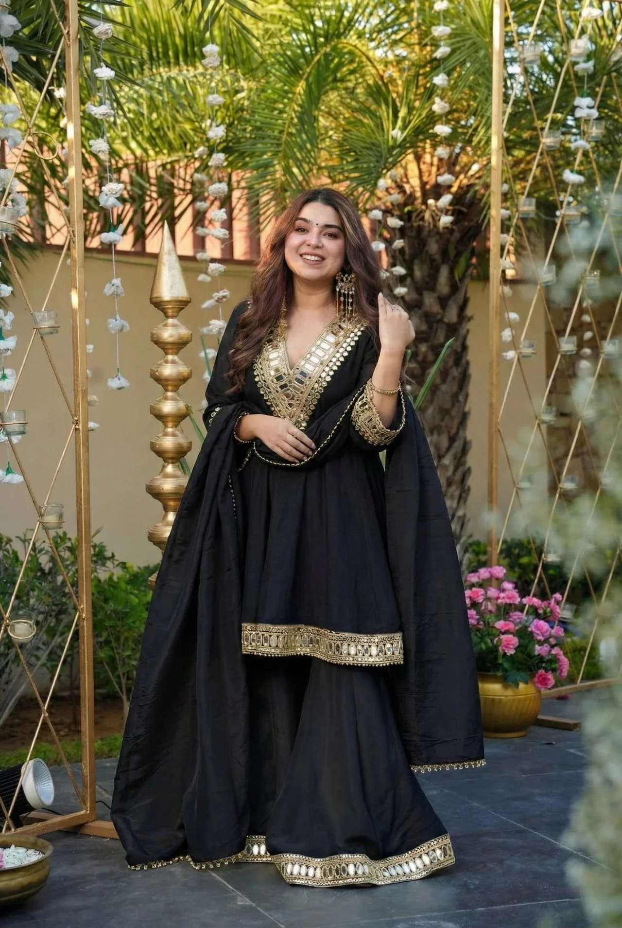 Women's Chinon Kurta Set with Palazzo and Dupatta in Black
