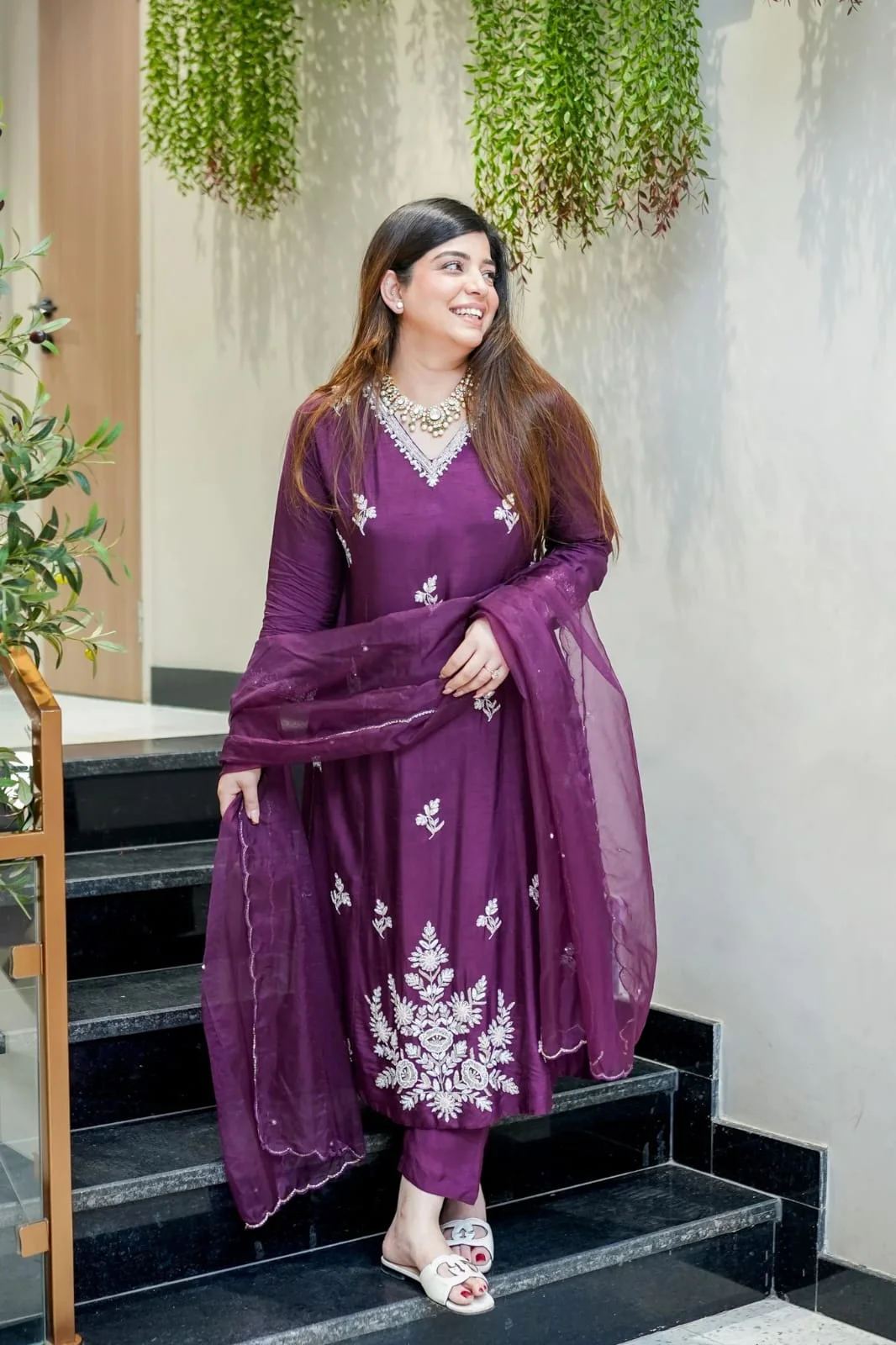 Women's Muslin Kurta Set with Pant and Dupatta in Purple