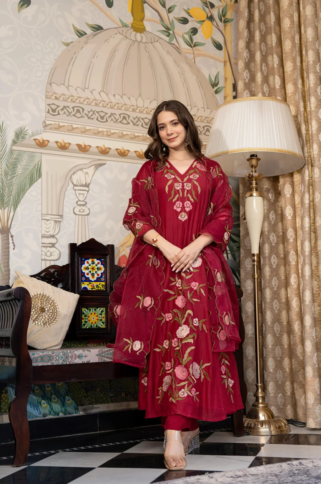 Women's Muslin Kurta Set with Embroidered Floral Motifs in Maroon