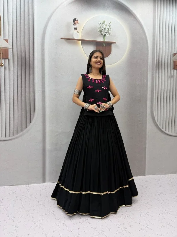 Vidala Clothings Navratri Special Rayon Cotton Lehenga Choli with 6 Meter flair, fully stitched choli with cups and real mirror work handwork jacket.