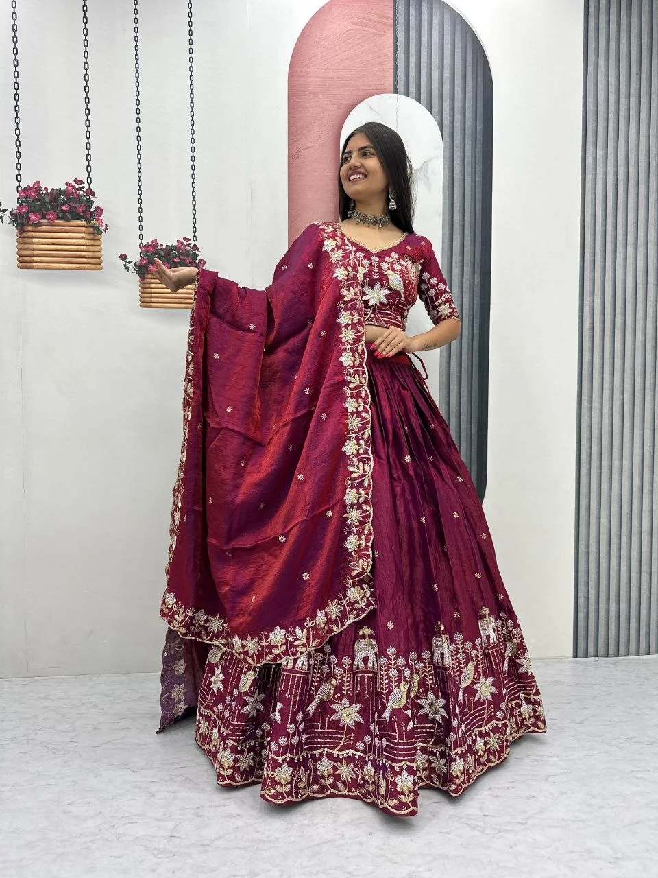 Festival Special To Glass Silk Lehenga Choli for Women with Embroidery Work, 3 Meter Flair & Heavy Embroidery Thread Sequence Dupatta in Rani Pink