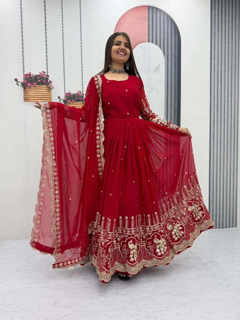 Vidala Clothings Partywear Fox Georgette Gown & Dupatta Set in Red
