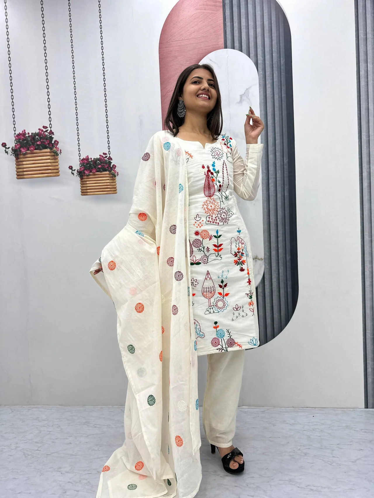 Vidala Clothings New Designer Party Wear Kurti Pant & Dupatta Set in Off White