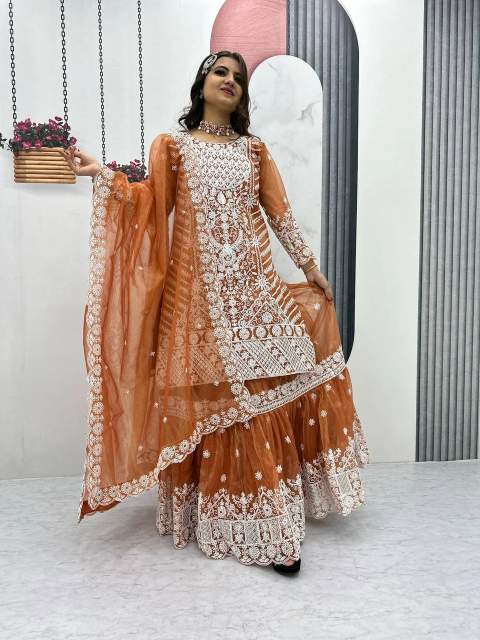 Vidala Clothings New Designer Party Wear Top With Farshi Sharara & Dupatta Set in Rust