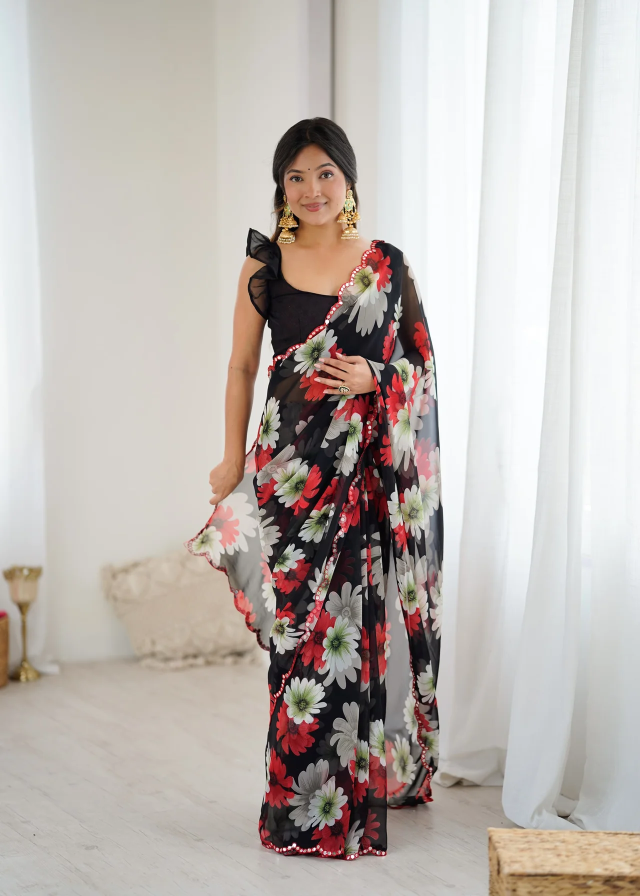 Georgette Printed Saree with Mirror Work & Unstitched Blouse