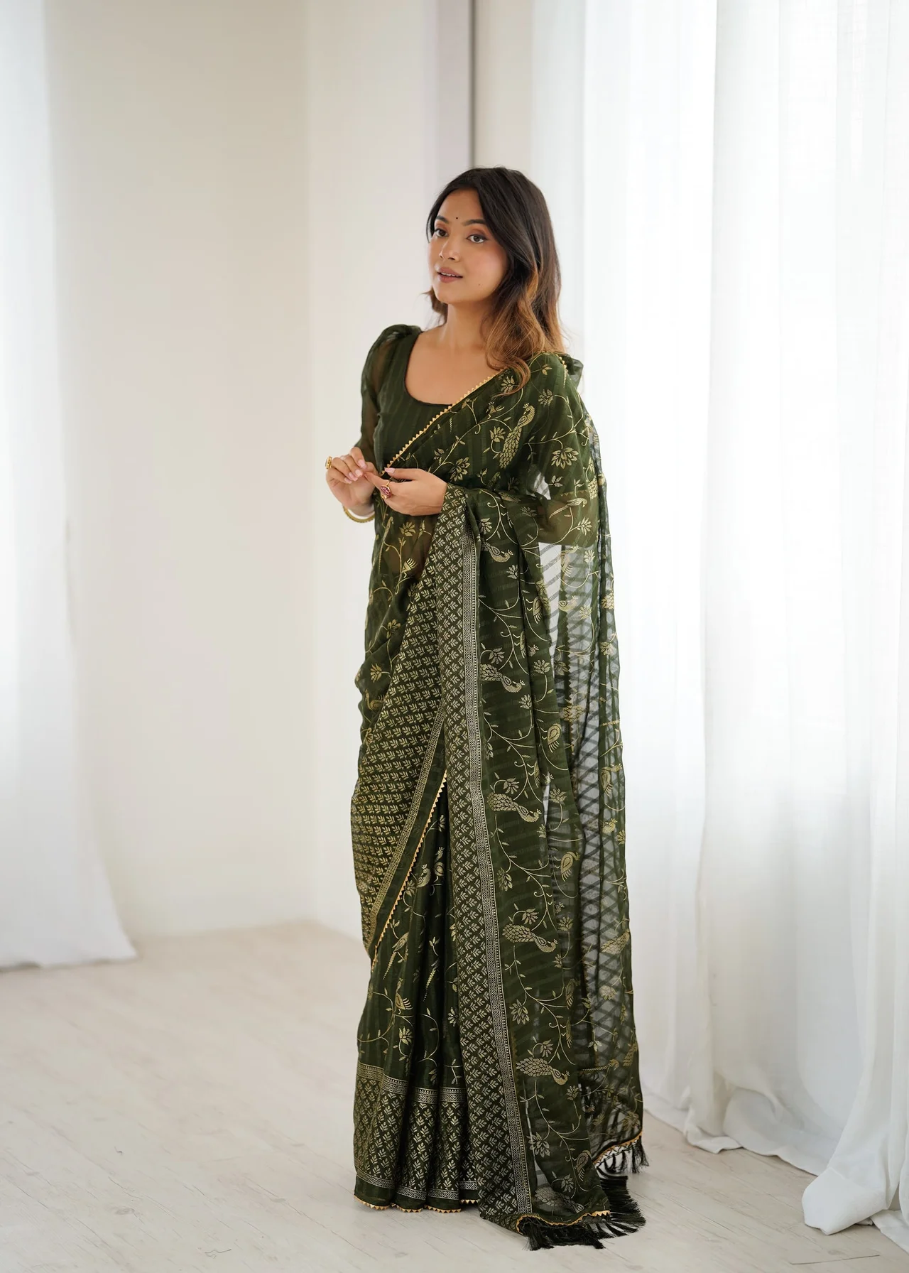 Georgette Patta Foil Work Saree with Lace & Zalar
