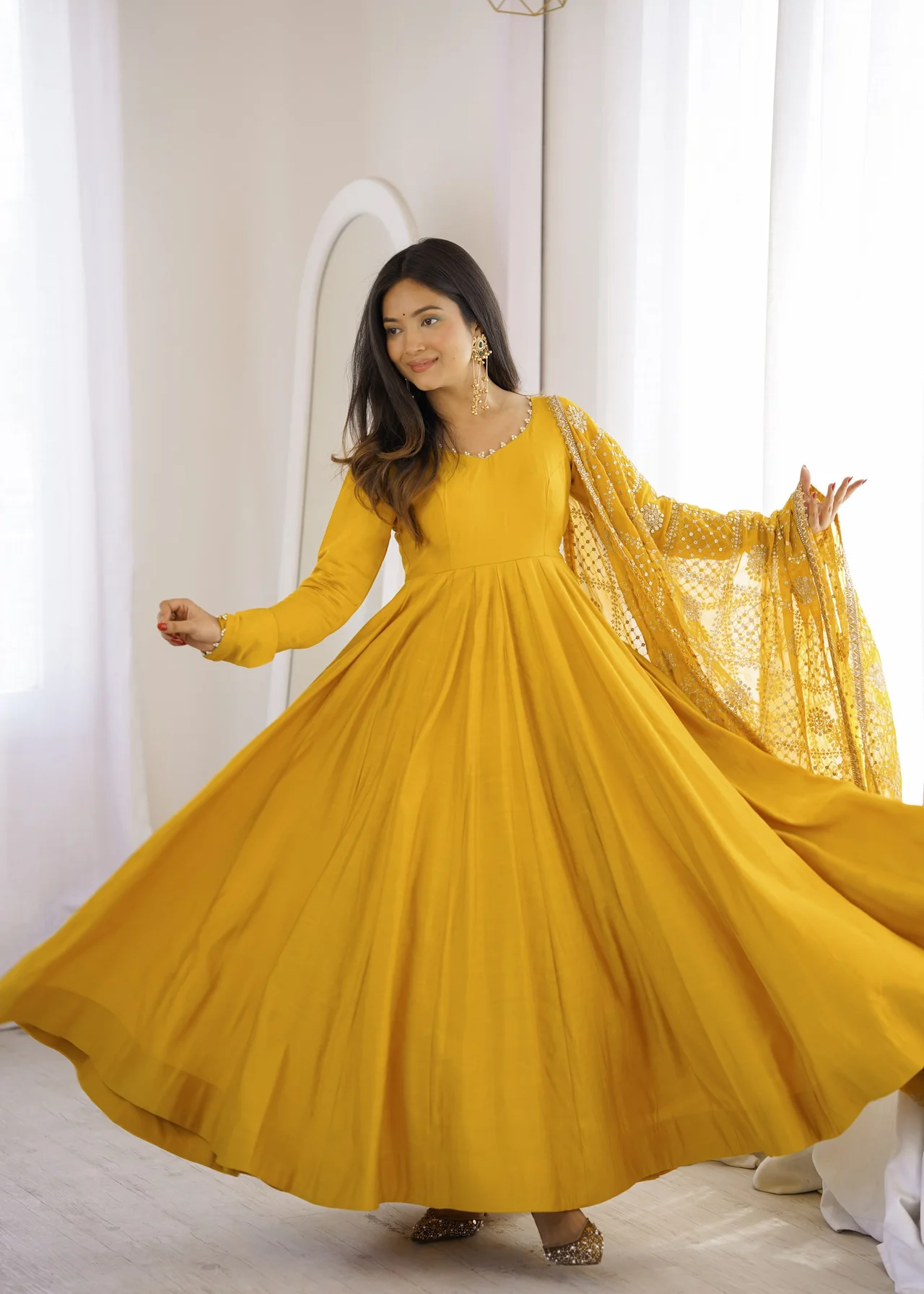 Premium Pure RomanSilk Chanderi 16 Kali Flare Anarkali Gown with Dupatta in Yellow