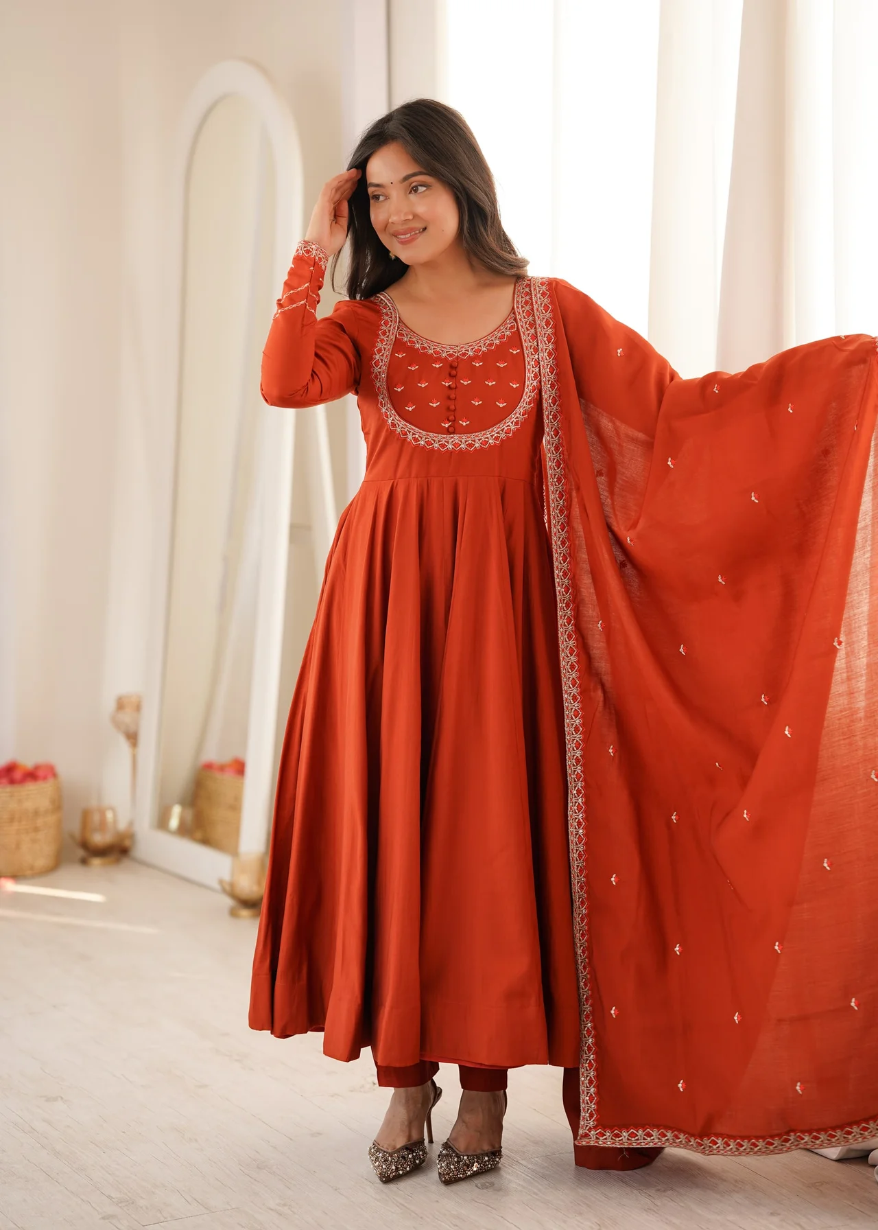 High Premium Pure Roman Chanderi Silk 16 Kali Flare Anarkali with Dupatta & Pant in Orange