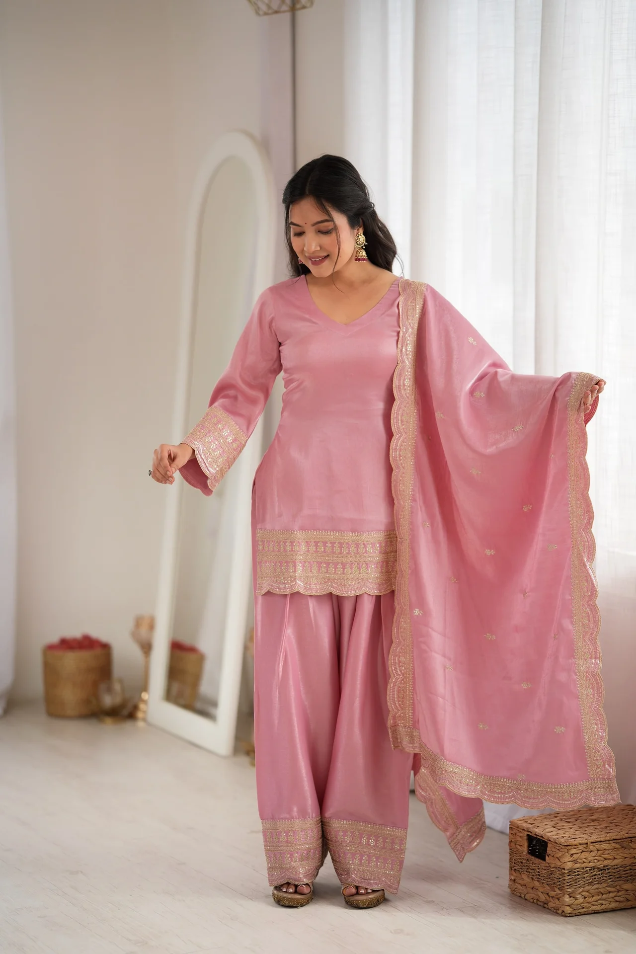 Glass Roman Silk Farshi Shalwar Suit Set with Embroidery, Sequence, Dori & Jari Work in Blush Pink