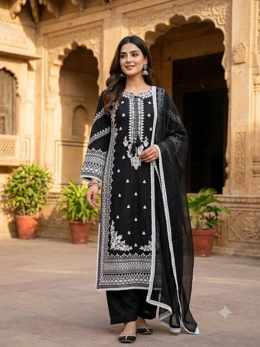 Rayon Satin Top Palazzo Set with Cotton Inner & Tebby Soft Organza Dupatta in Black