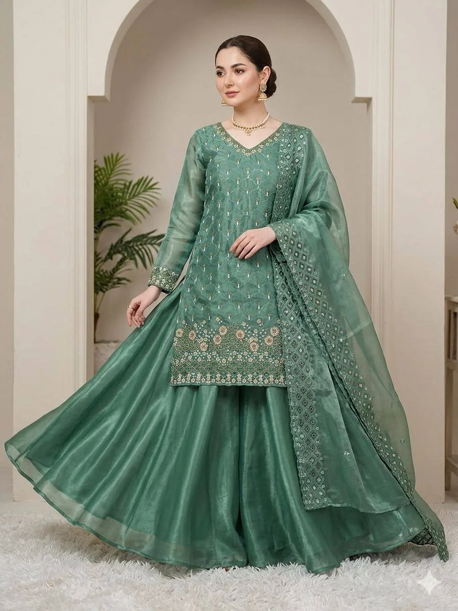 Fendy Kurti Palazzo Set for Women with Beads, Sequence Embroidery & Cut Work | Full Flair Palazzo with Dupatta