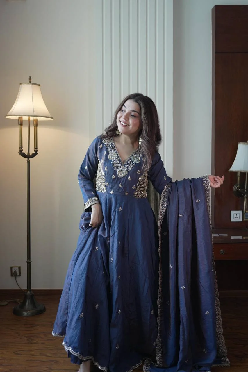 Vichitra Gown Pant Dupatta Set for Women in Blue