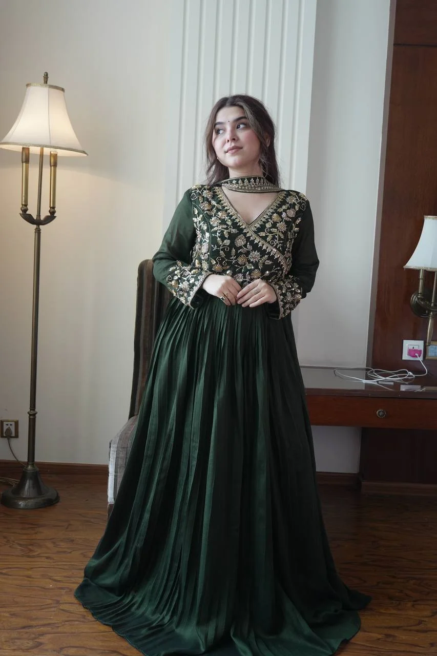 Blooming Vichitra Floor-Length Gown with Dupatta in Green