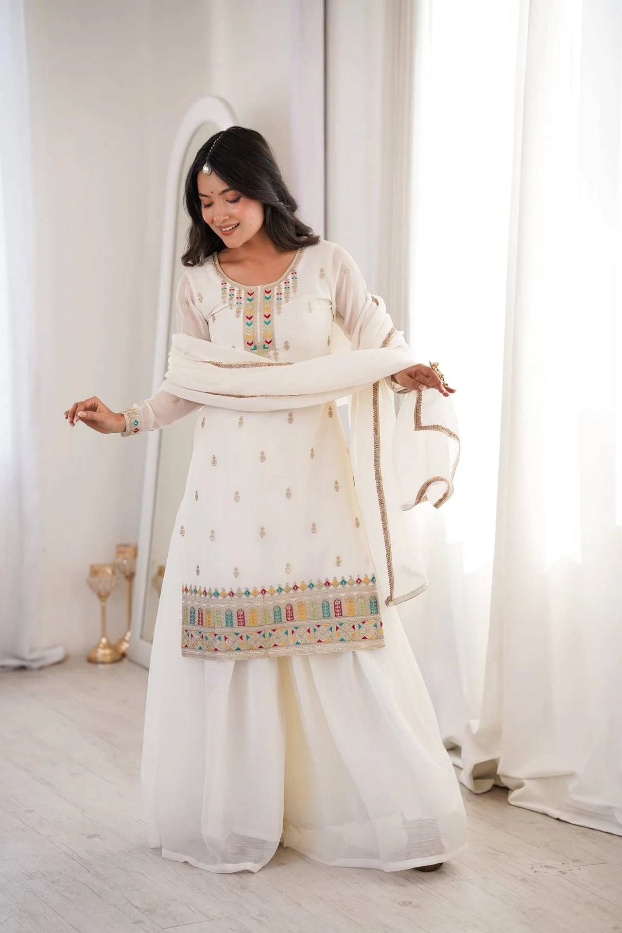 Pure Soft Crunchy Silk Top Sharara Dupatta Set for Women in Off White