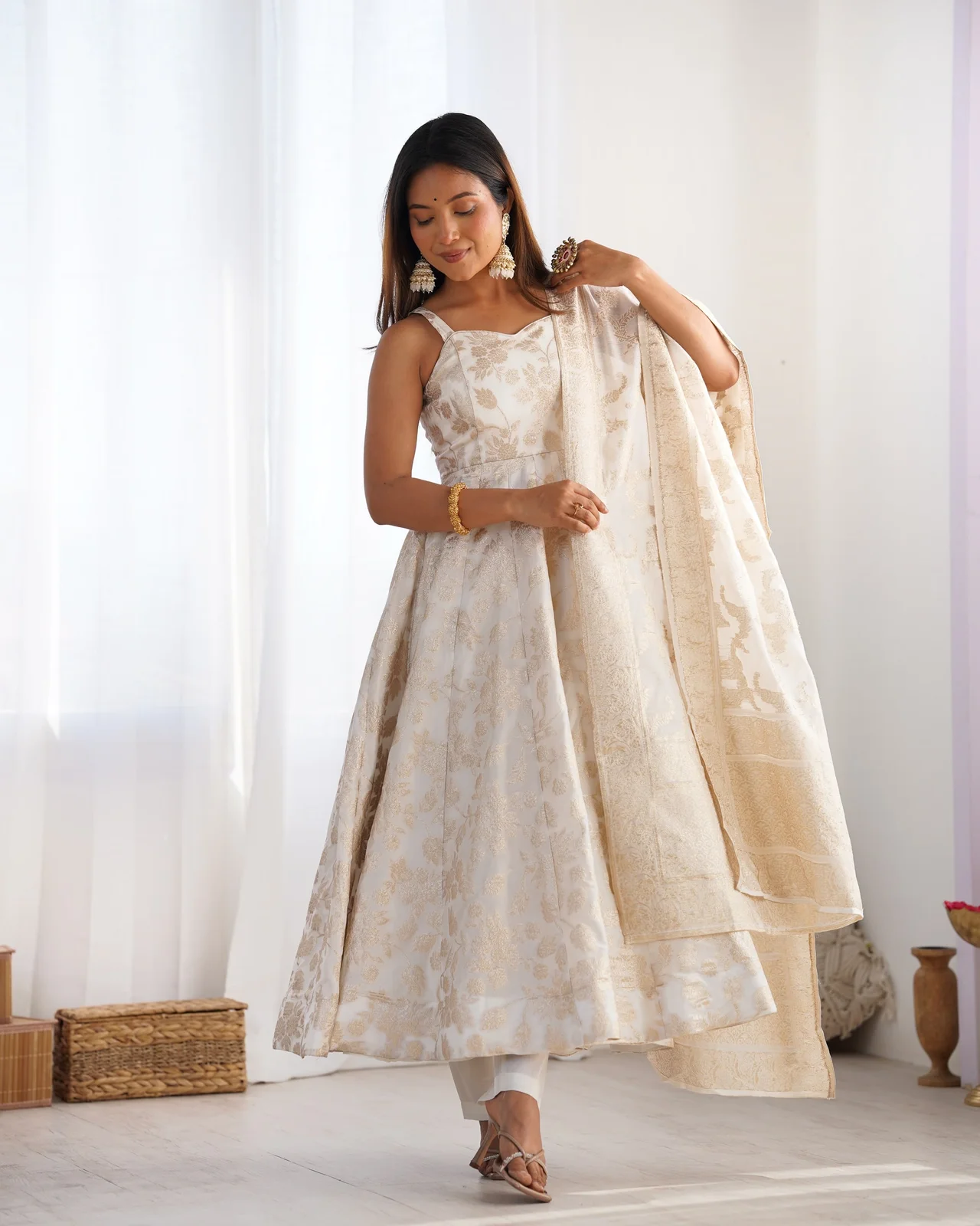 Fancy Banarasi Jacquard Dola Silk Anarkali Suit Set for Women in Off White
