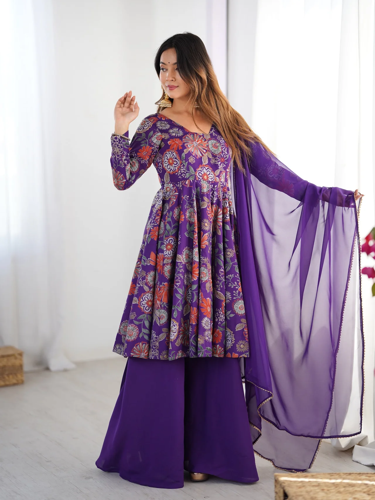 Roman Silk Chanderi Discharge Print Kediya Kurta Set for Women | 4 Meter Flair | Palazzo & Tabby Organja Dupatta