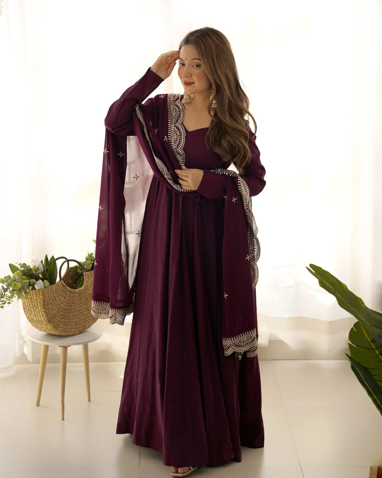 Premium Pure Romansilk Chanderi 16 Kali Anarkali Gown with Fox Georgette Embroidered Dupatta & Ready-to-Wear Pant in Wine