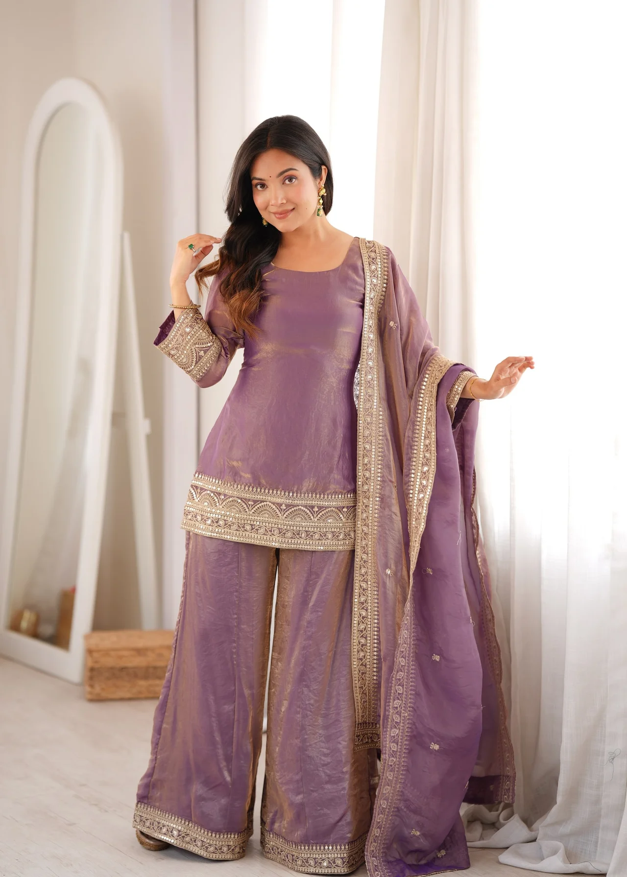 Premium Frendy Silk Kurta Palazzo Set with Dupatta in Onion Pink