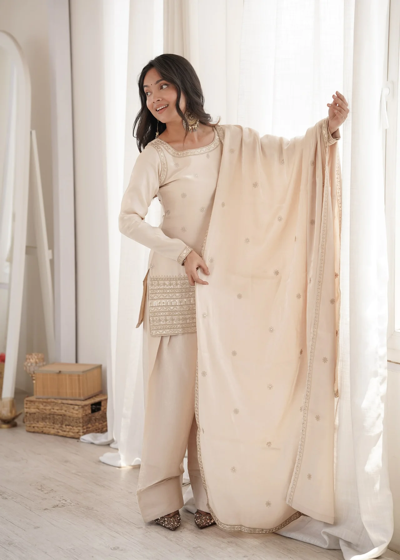 Premium Glass Roman Silk Kurta Set with Farshi Shalwar & Dupatta | Front Yoke Embroidery, Sequence, Dori & Jari Work