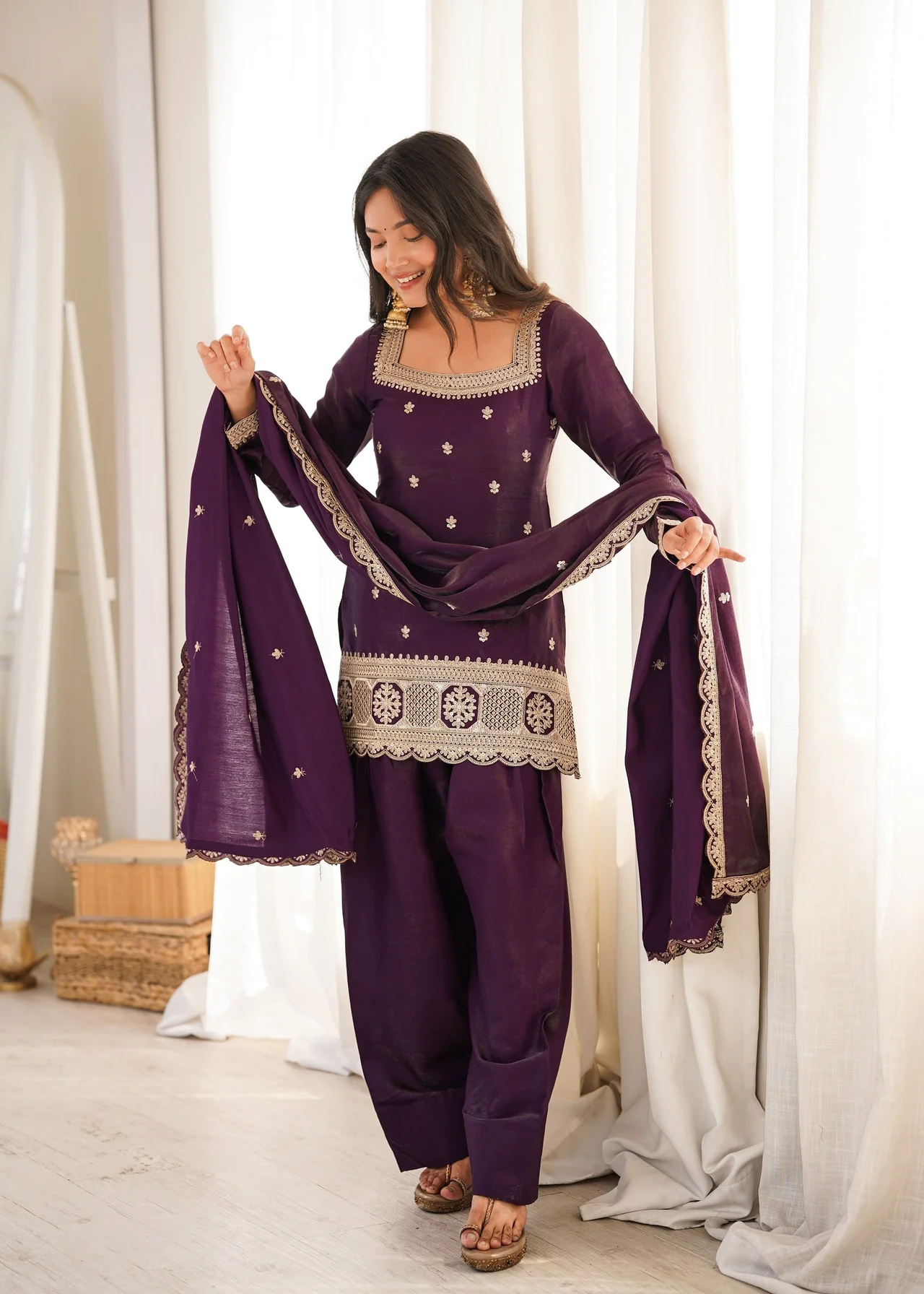 Glass Roman Silk Embroidered Kurta Set with Farshi Shalwar & Dupatta | Front Yoke Work, Sequence, Dori & Jari Embroidery