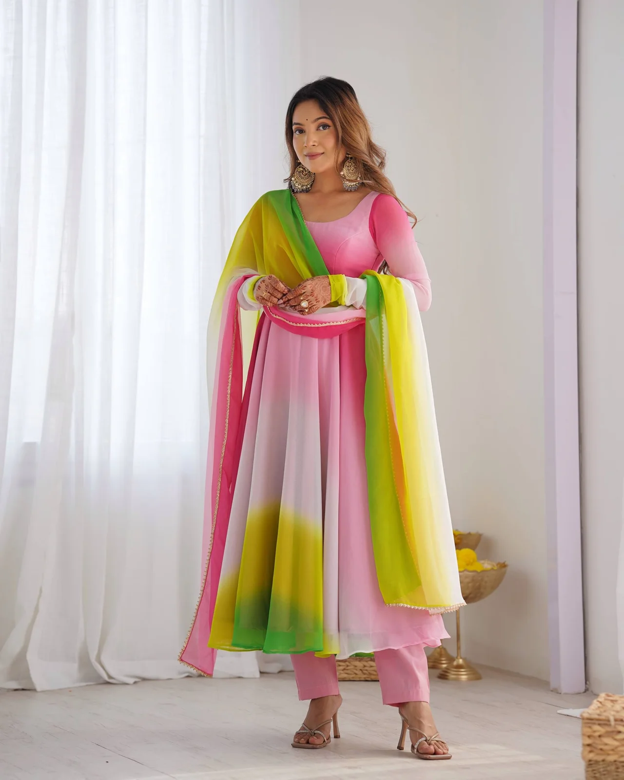 Pure Soft Fox Georgette Colourful Padded Anarkali Gown with Dupatta & Pant | 6.5 Meter Flair | Festive & Wedding Wear