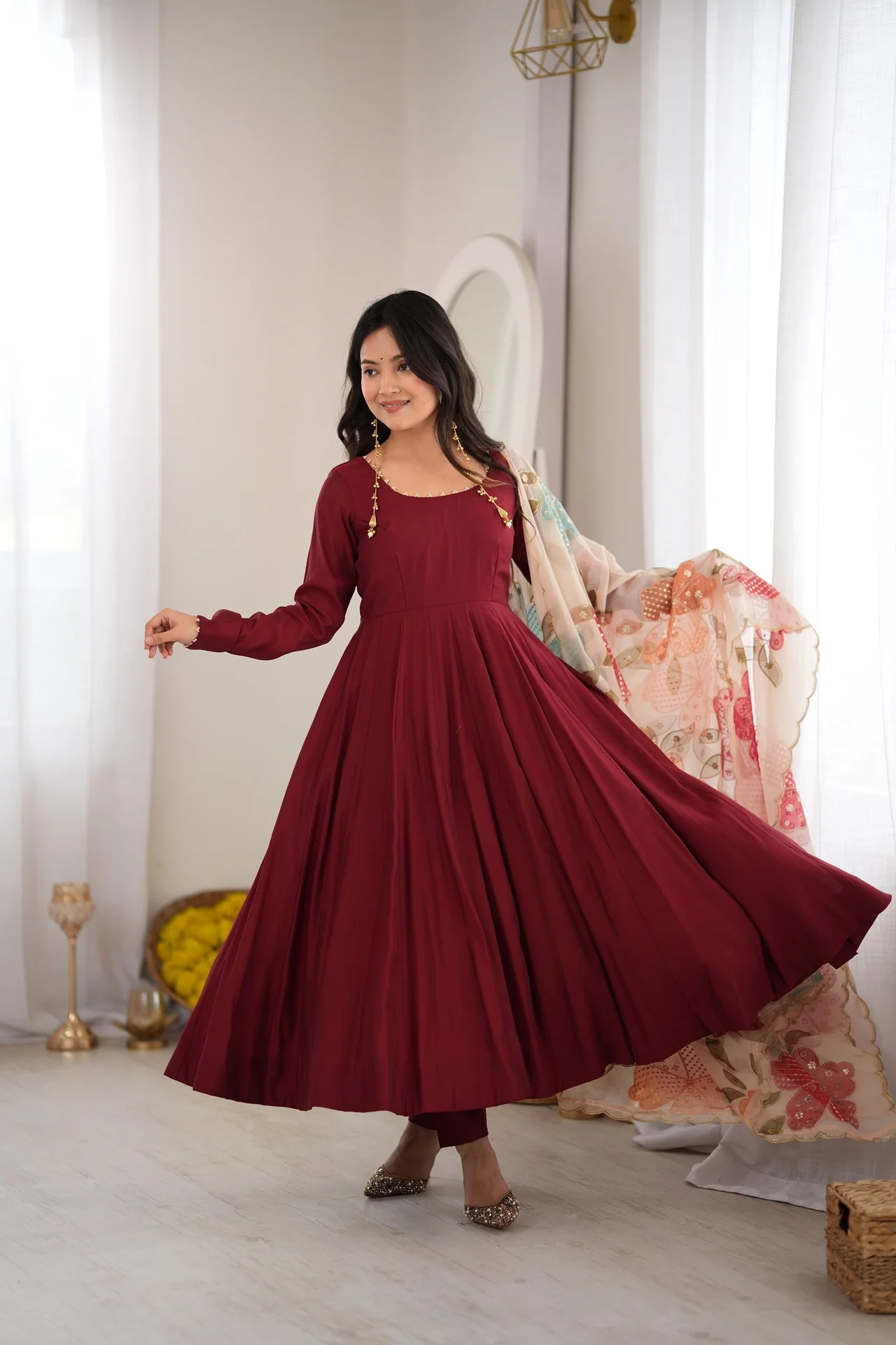 Premium Pure Romansilk 16 Kali Anarkali Gown Set with Tabby Organza Silk Printed Dupatta & Pant in Maroon