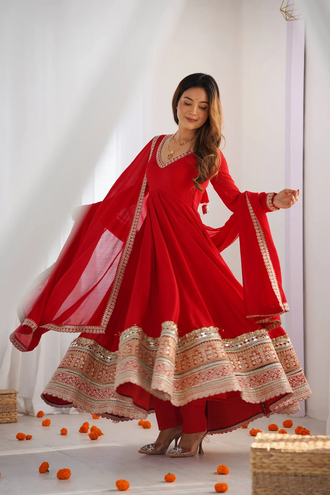 Premium Pure Blooming Vichitra Silk Anarkali Gown Set with Dupatta & Pant | Embroidery, Dori, Jari & Sequence Work | Full Flare Festive Wear