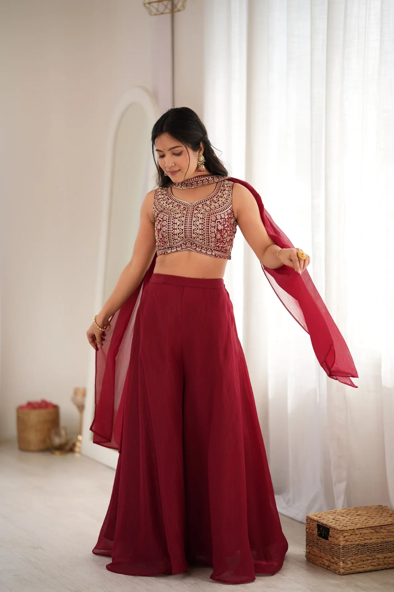 Designer Indo-Western Crunchy Silk Crop Top Palazzo Set for Women in Maroon