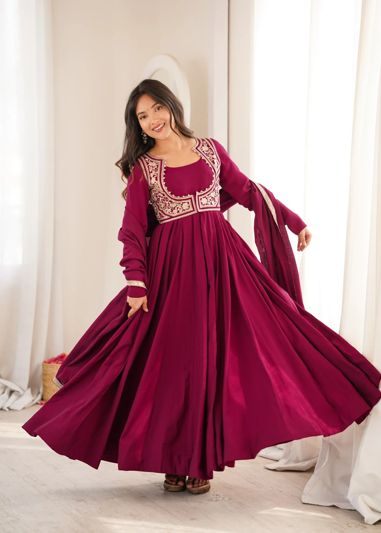 Premium Pure Romansilk Chanderi Anarkali Gown Set with Jacket, Dupatta & Pant | 5.5 Meter Flair | Embroidered Lace Dupatta