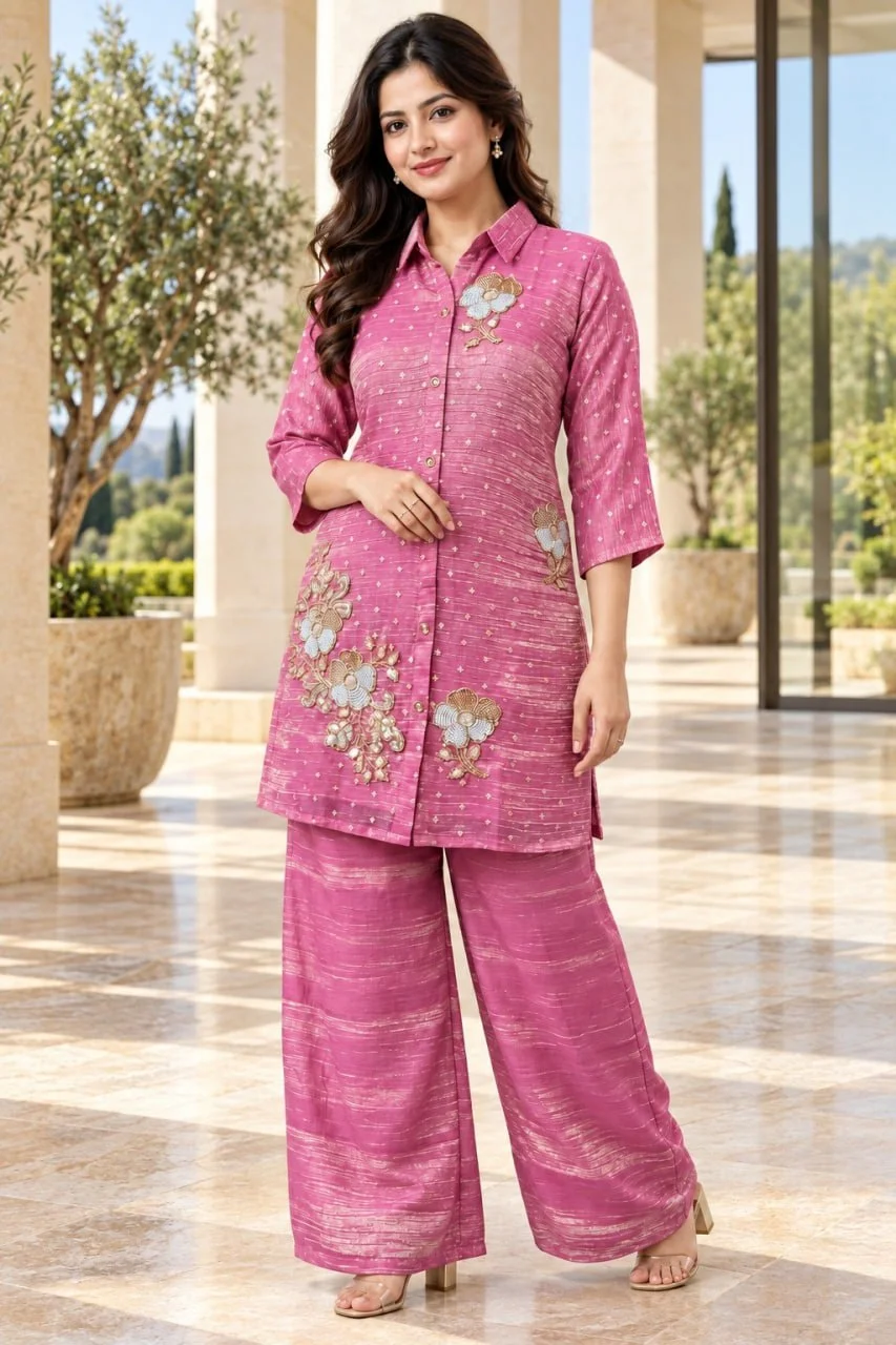 Women's Salsa Butti Top Pant Set with Heavy Beads Work in Onion Pink