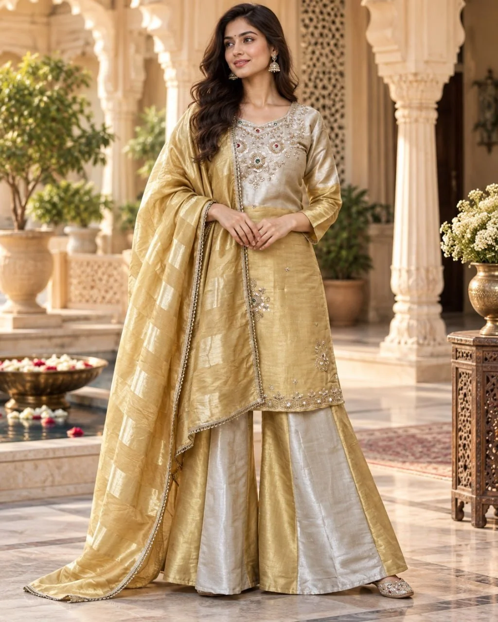 Women's Pure Banarasi Viscose Top Palazzo Set with Beads & Stone Work in Champagne