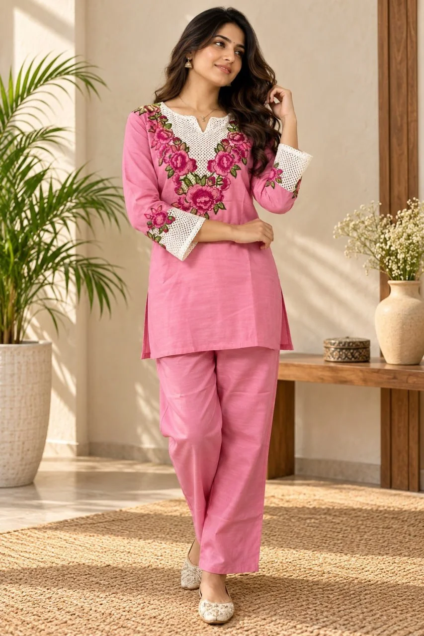 Women's Rayon Slub Top Pant Set with Multi Embroidery Thread Work in Pink