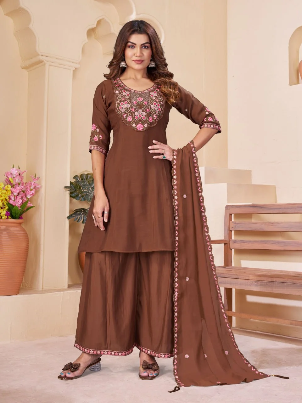 Premium Mal Chanderi Anarkali Kurti Palazzo Set for Women | Multi Embroidery Thread & Real Hand Work | Heavy Embroidered Dupatta