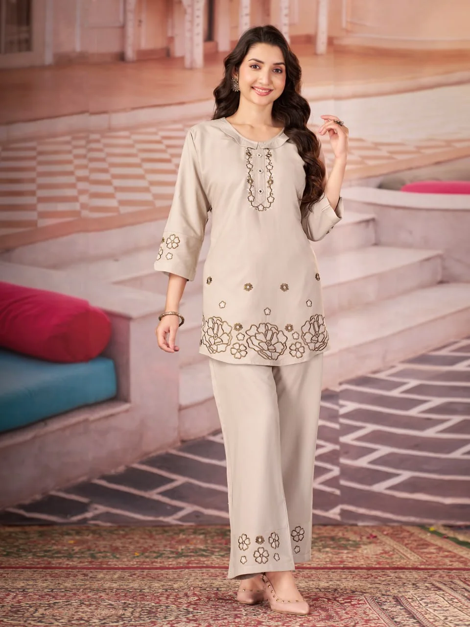 Women's Heavy Rayon Embroidered Top Pant Set in Off White