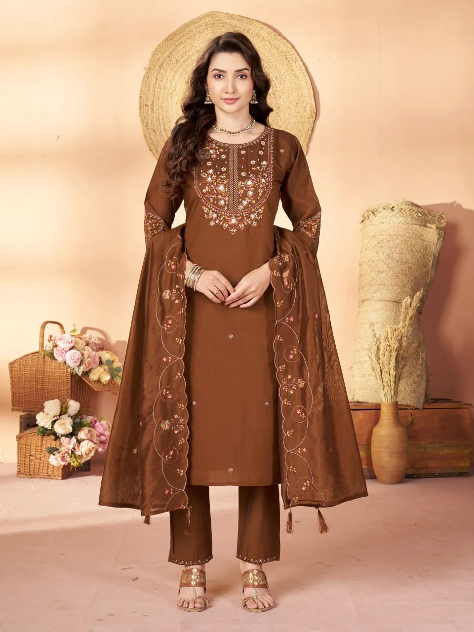 Women's Marina Silk Kurti Pant Set with Maslin Dupatta | Multi Embroidery Thread & Hand Work | Stitched Ethnic Wear