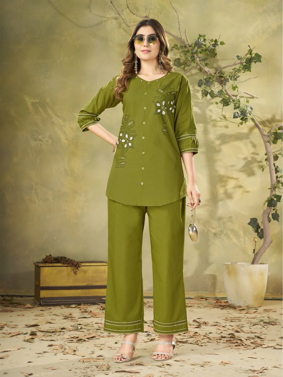 Women's Pure Cotton Embroidered Top Pant Set in Mehendi Green