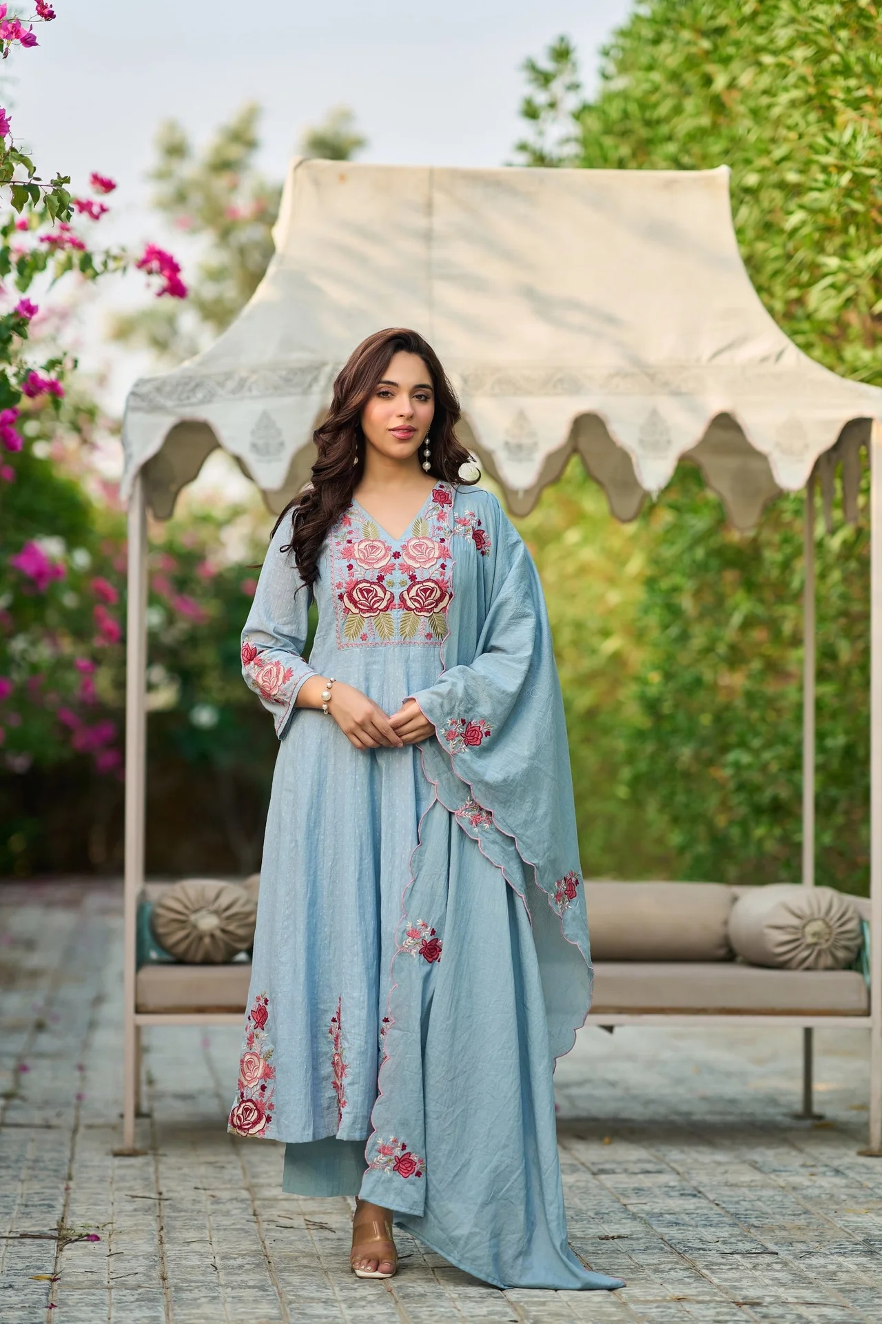 Sky Blue Floral Embroidered Anarkali Suit with Dupatta