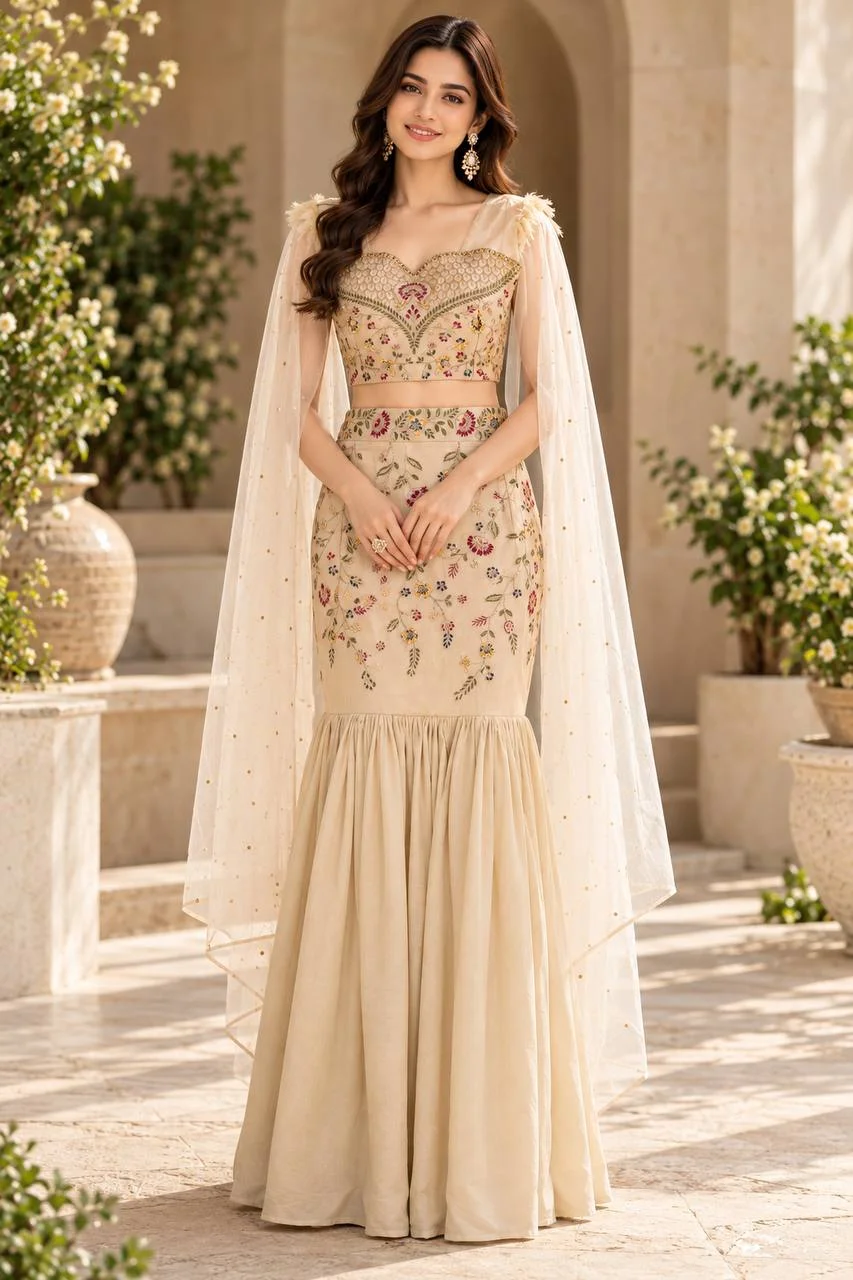 Embroidered Fish Cut Lehenga with Dupatta in Cream