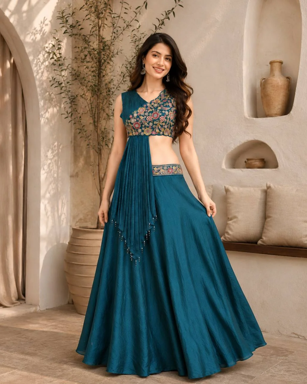 Silk Embroidered Lehenga Choli with Drape