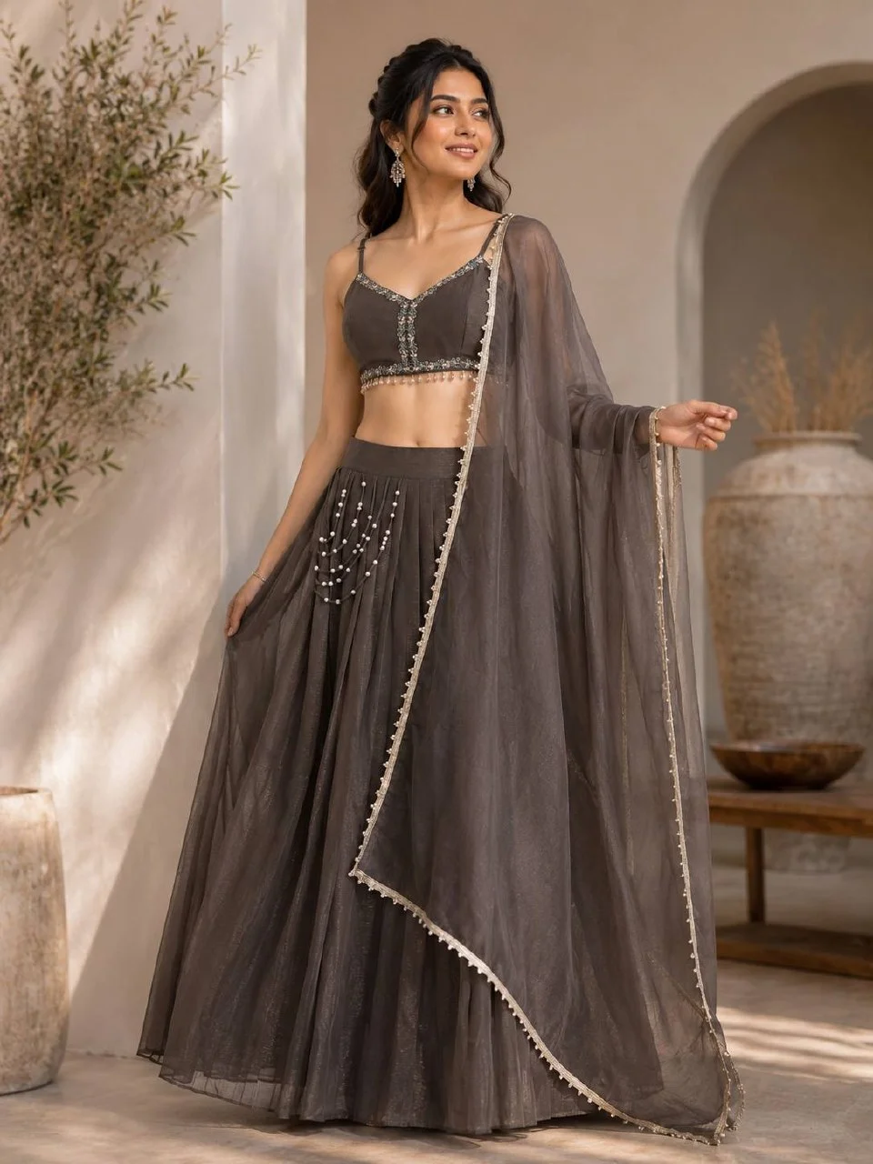 Organza Pearl Work Flared Lehenga Skirt in Charcoal