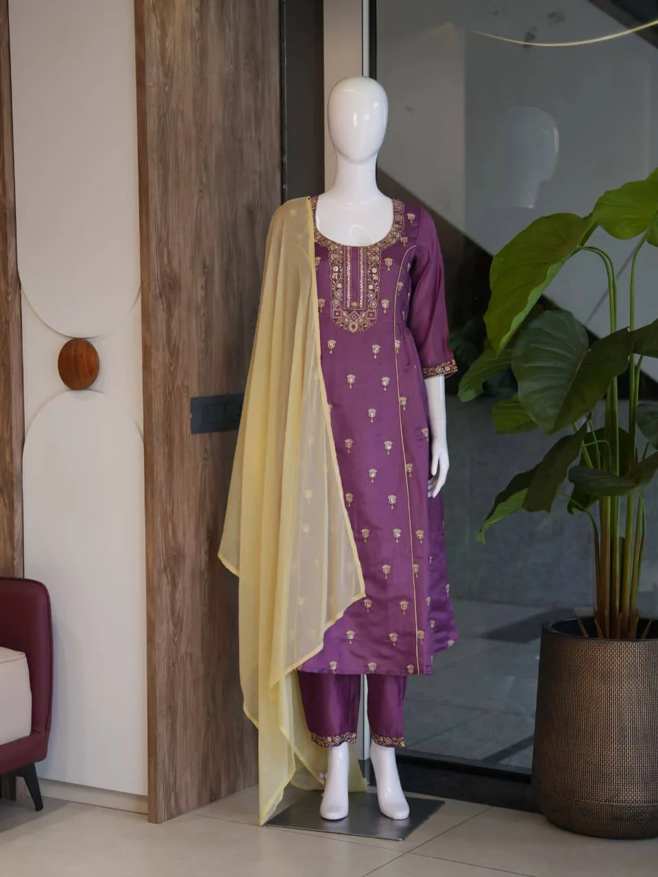 Silk Embroidered Straight Kurta with Palazzo in Plum