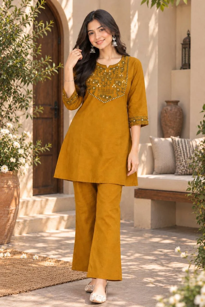 Cotton Embroidered Kurti Set with Palazzo in Mustard