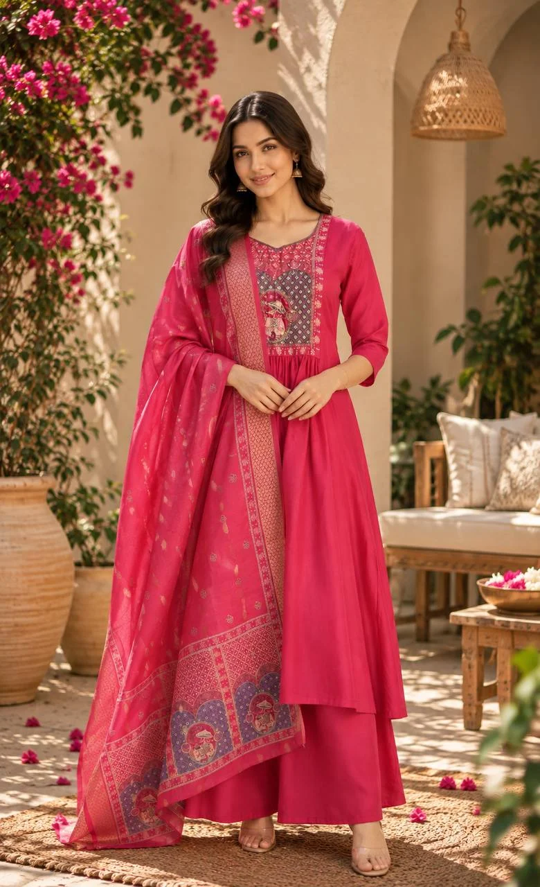 Roman Silk A-Line Kurta Set with Palazzo in Rani Pink