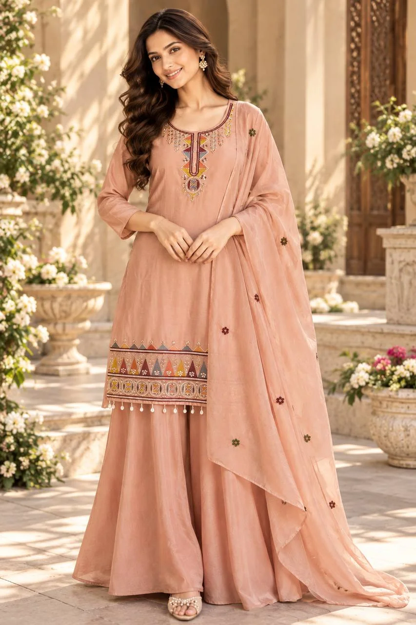 Chinon Embroidered Kurta Set with Palazzo in Peach